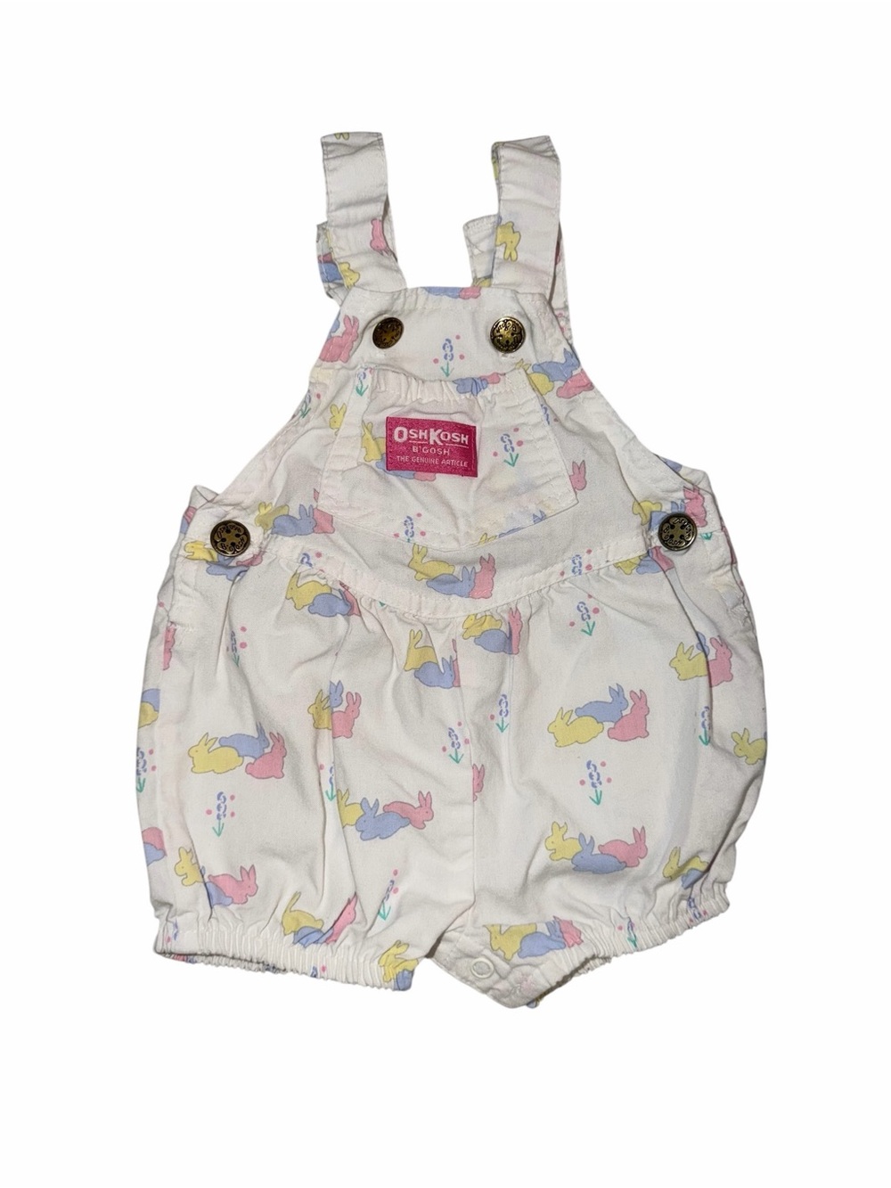 Vintage Rare OshKosh B’Gosh White Bunny Print Baby Shortalls Romper, Size 12m